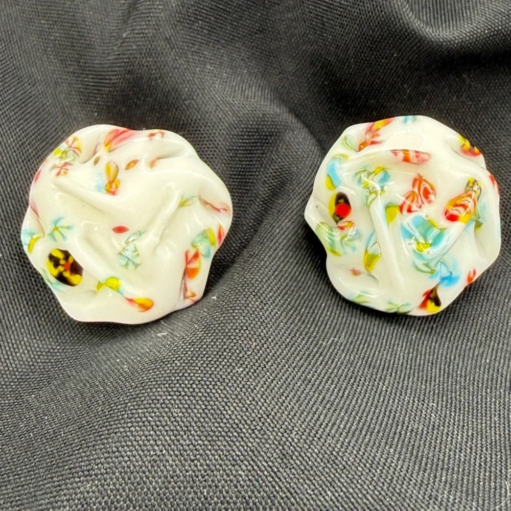 Vintage Japan Milk Glass Confetti Millefiori Clip On Earrings Multi Color White